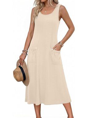 Women's Beige Crewneck Midi Summer Sleeveless Tank Dress Beach Casual Sundress